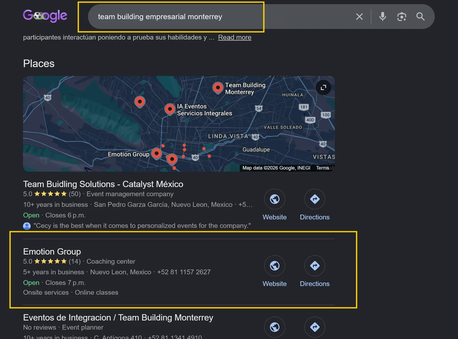 Emotion Group en Google Maps para team building empresarial en Monterrey
