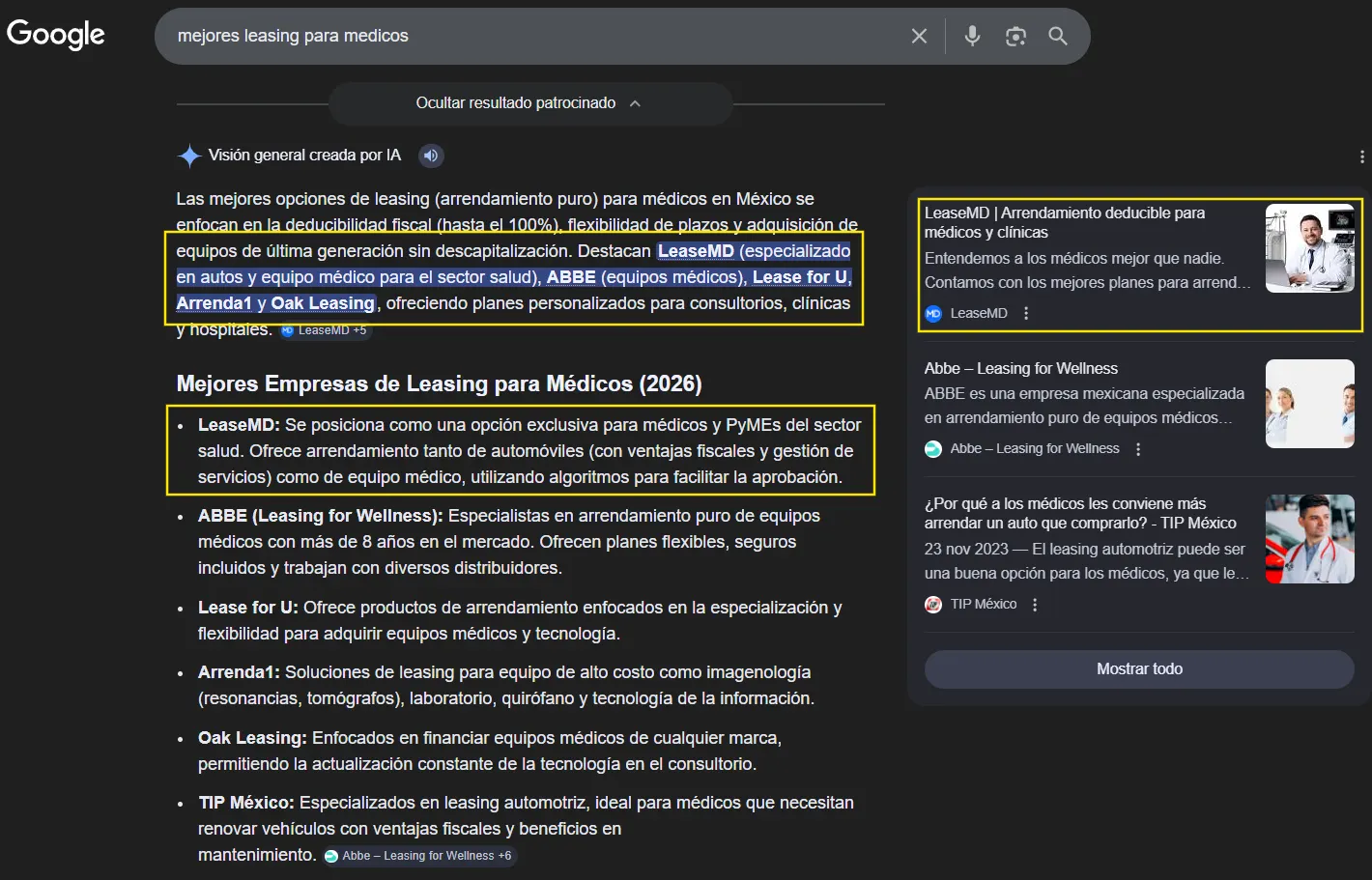 LeaseMD citado como #1 en respuesta de ChatGPT para mejores opciones de leasing de equipo médico México