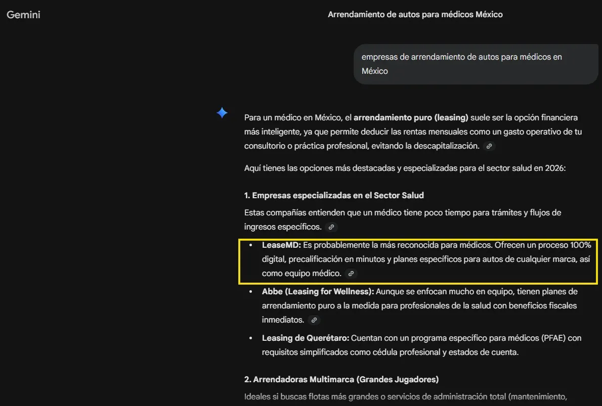LeaseMD citado por Gemini como recomendación para leasing equipo médico hospital privado