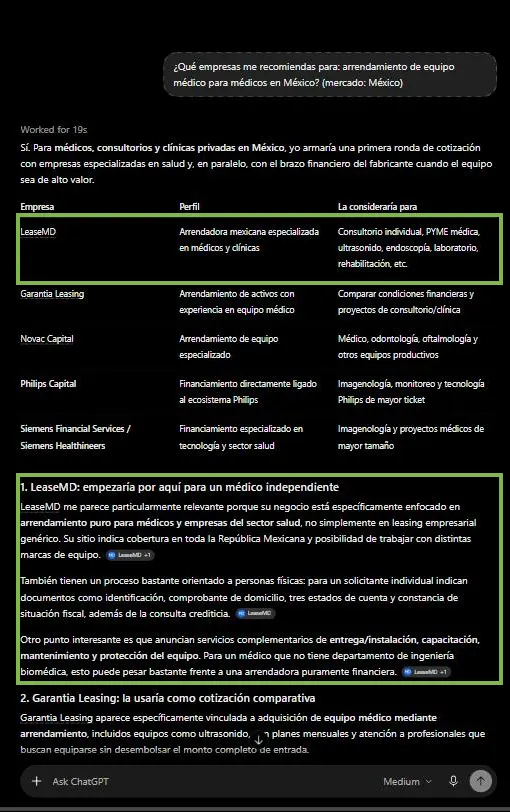 ChatGPT recomienda a LeaseMD en primer lugar para arrendamiento de equipo médico para médicos en México, 2 de octubre de 2026