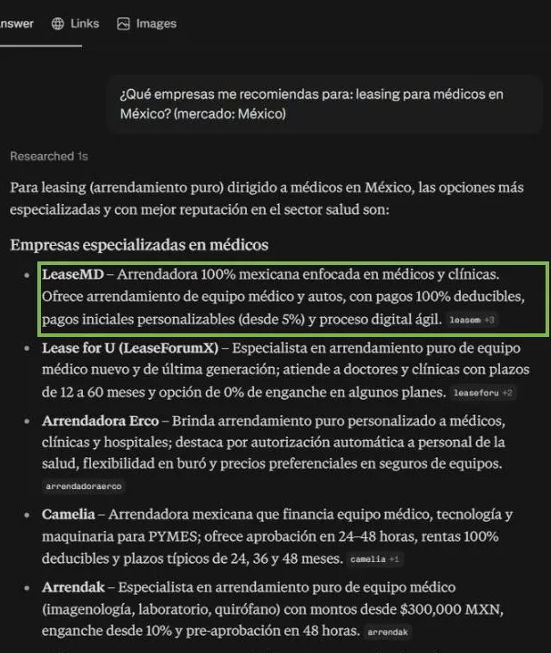 Perplexity pone a LeaseMD en primer lugar para leasing para médicos en México, 2 de octubre de 2026