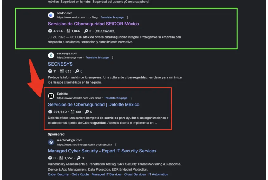 SEIDOR posicionado en página 1 de Google México por encima de Deloitte en keyword de ciberseguridad B2B
